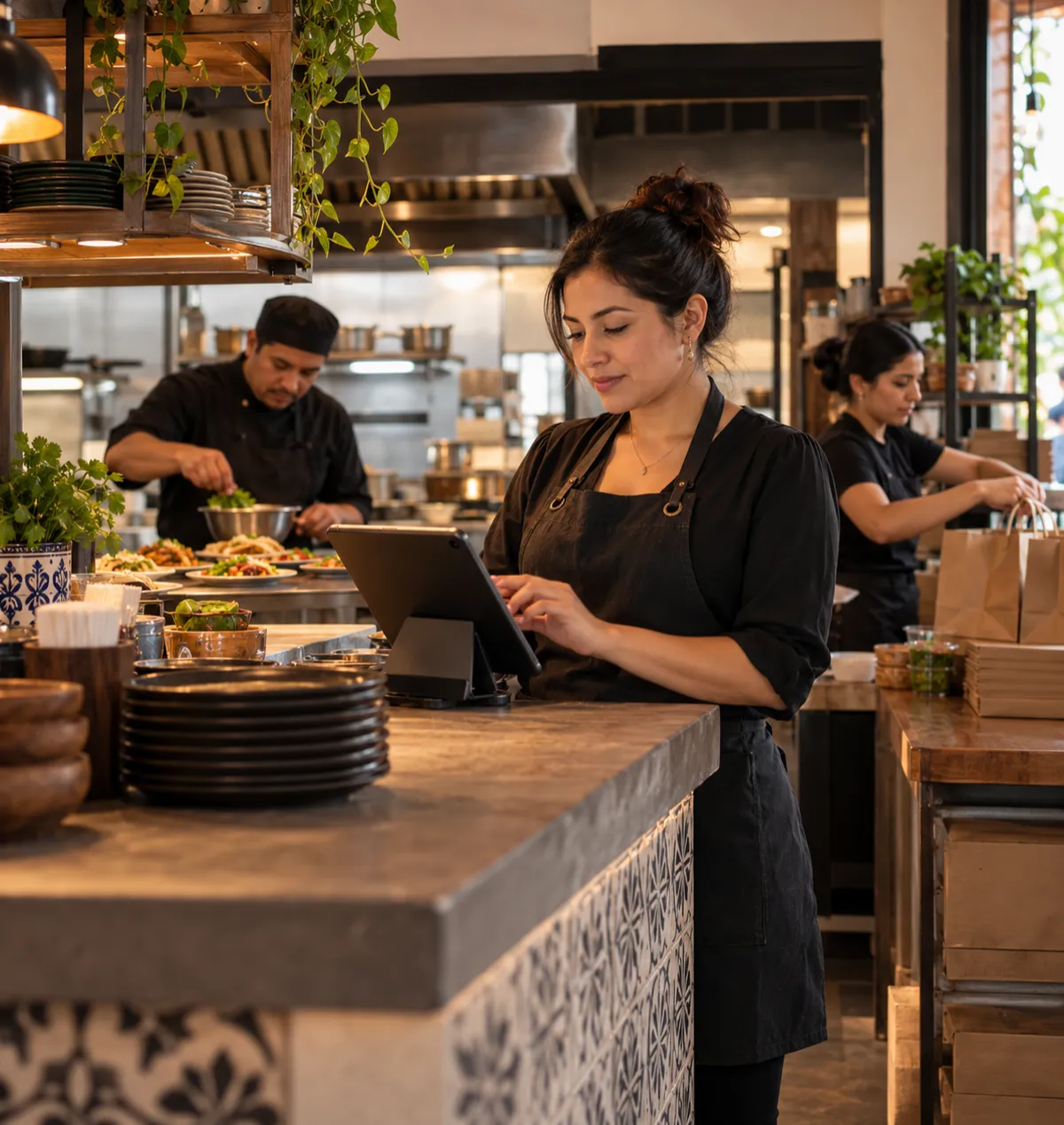 Equipo de un restaurante coordinando la atención y los pedidos de sus clientes.