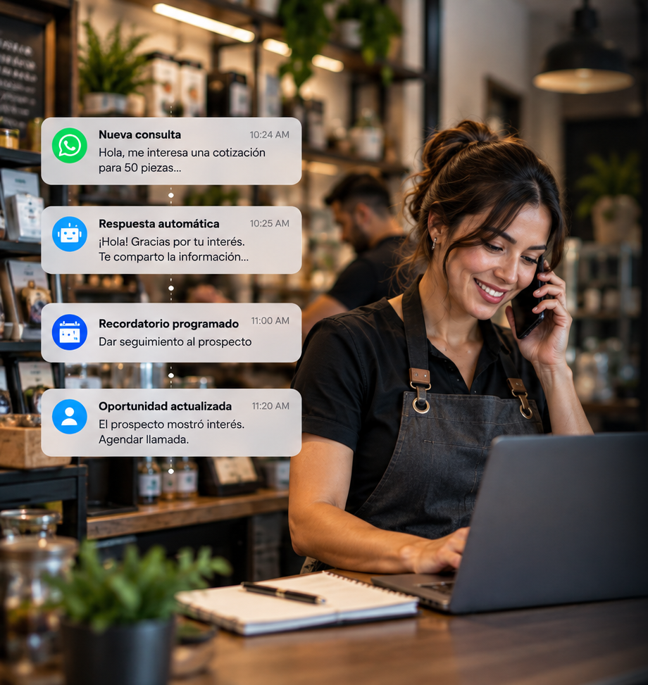 Imagen original de una profesional atendiendo su negocio junto a gráficos de notificaciones de seguimiento.