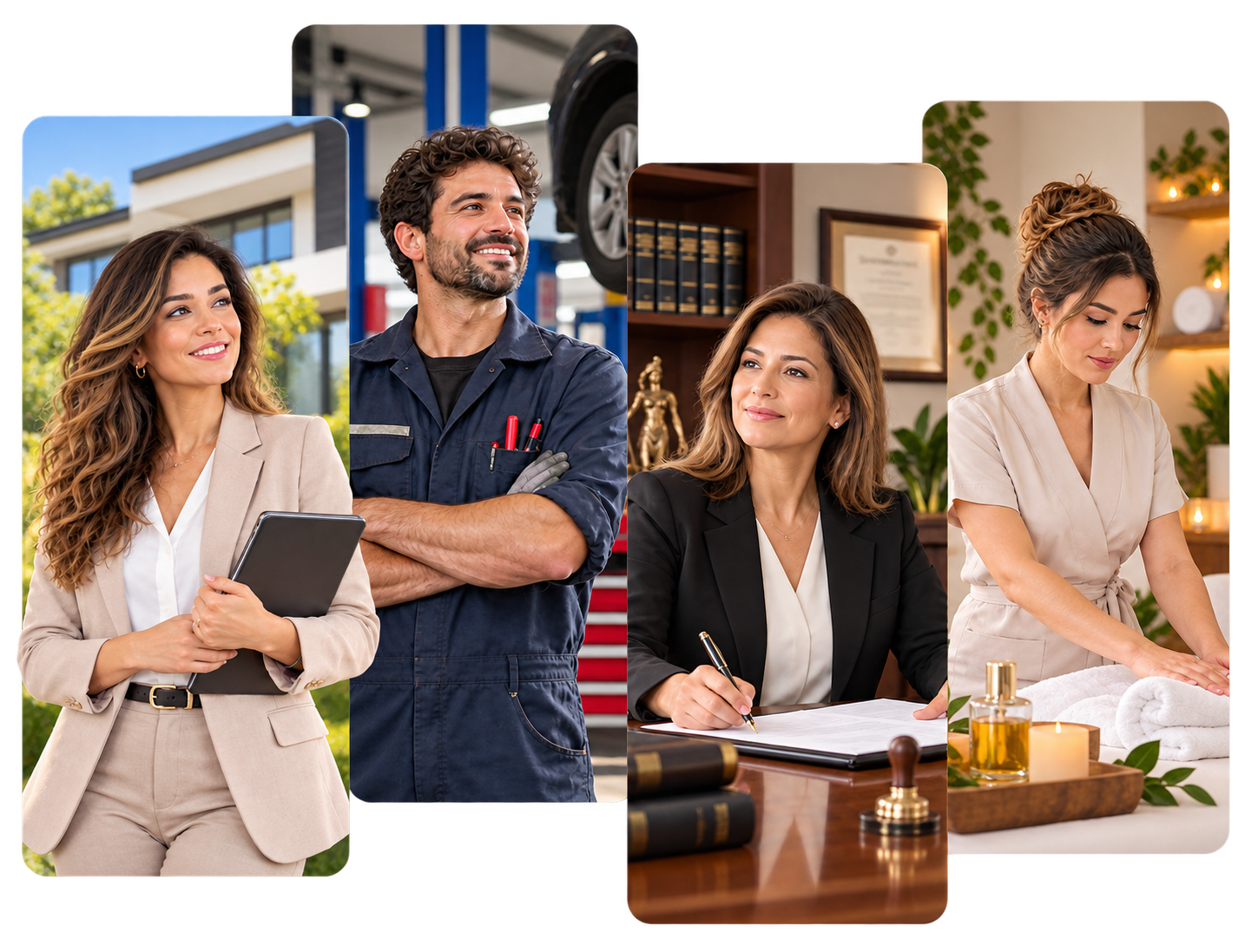 Collage original de profesionales de distintos negocios, comercios y servicios.