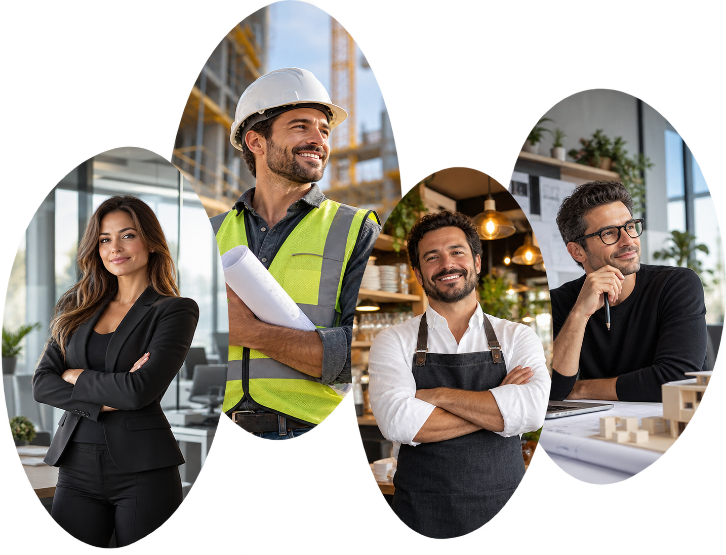 Composición original de profesionales de comercio, servicios y construcción.
