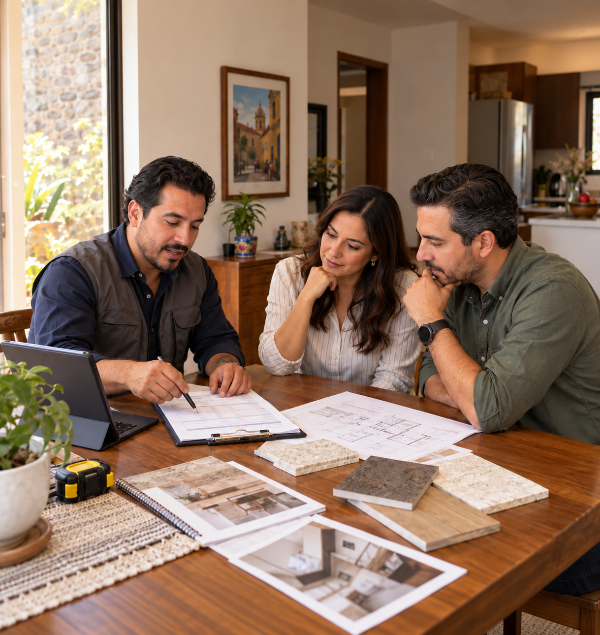 Asesor comercial revisando una propuesta y documentos con dos clientes.