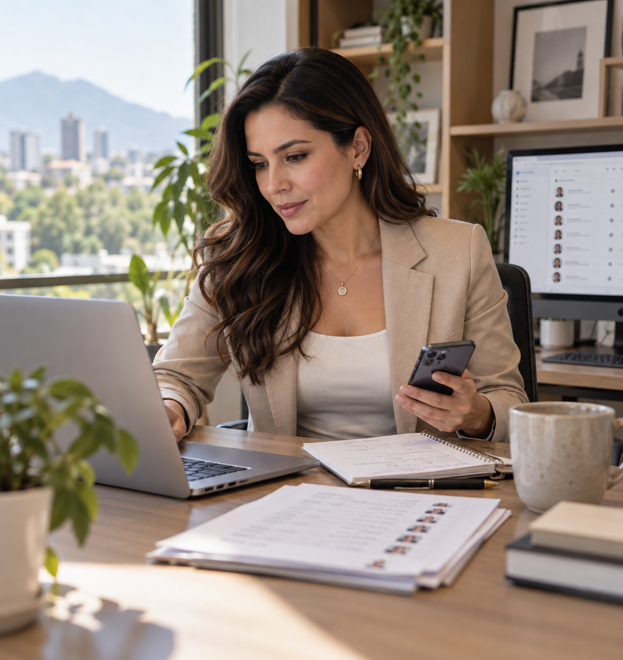 Profesional consultando su teléfono y documentos comerciales en su oficina.