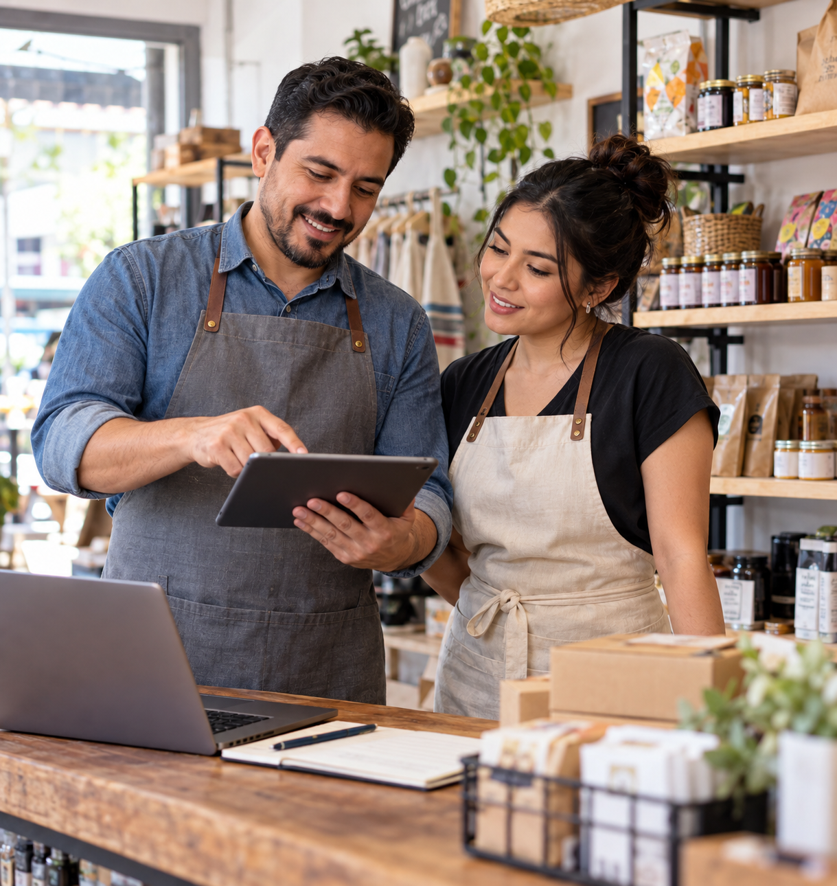 Profesionales consultando una tableta en un establecimiento comercial.