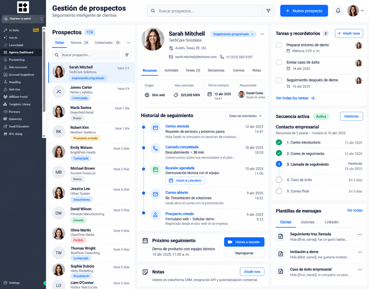 Panel original de Alfa FollowUp con información de prospectos, mensajes y seguimiento comercial.