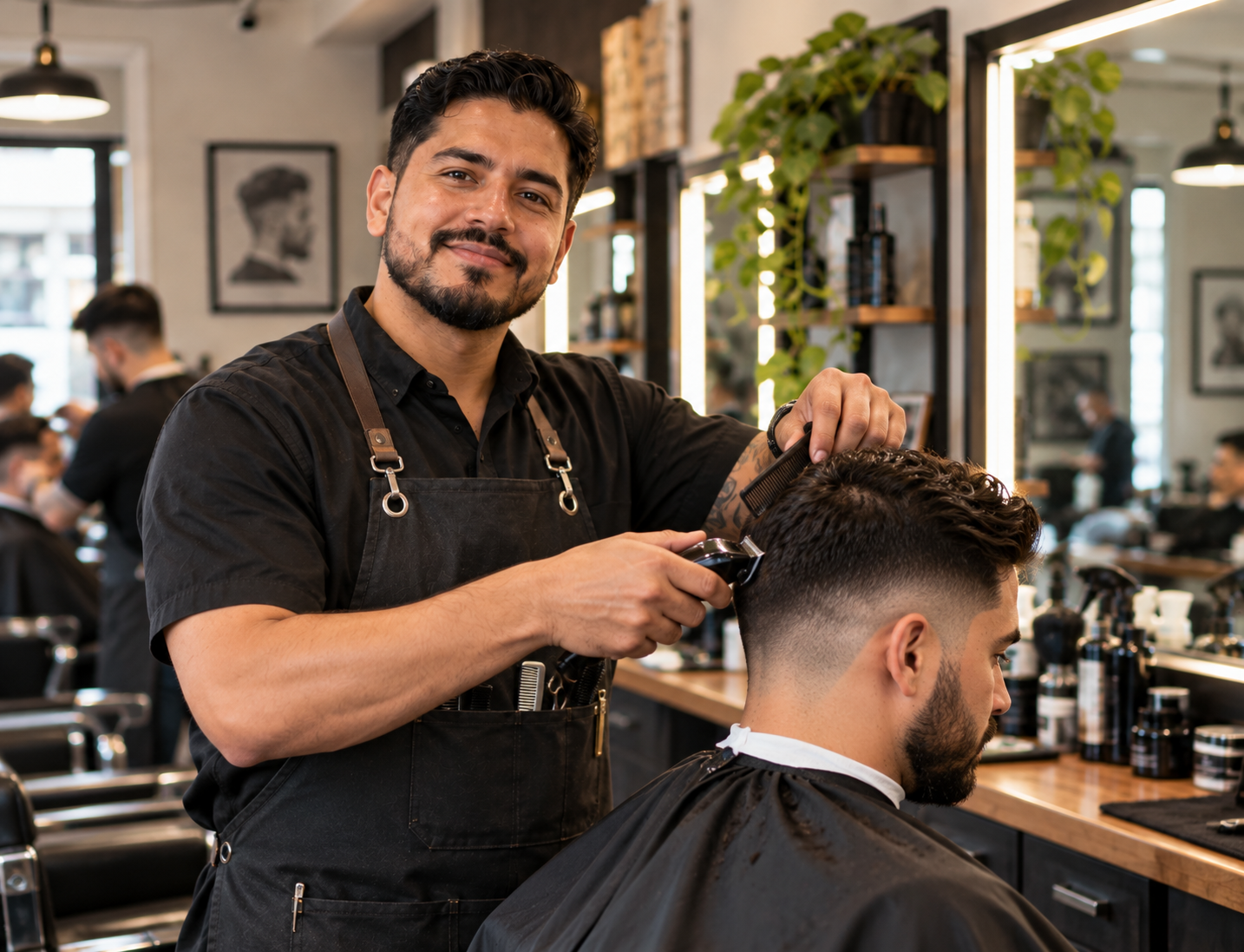 Profesional de una barbería atendiendo a un cliente en su negocio.